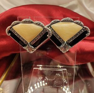 Vintage Avon Fan Shaped Enameled Black & Pearlized Cream - Faux Marcasite